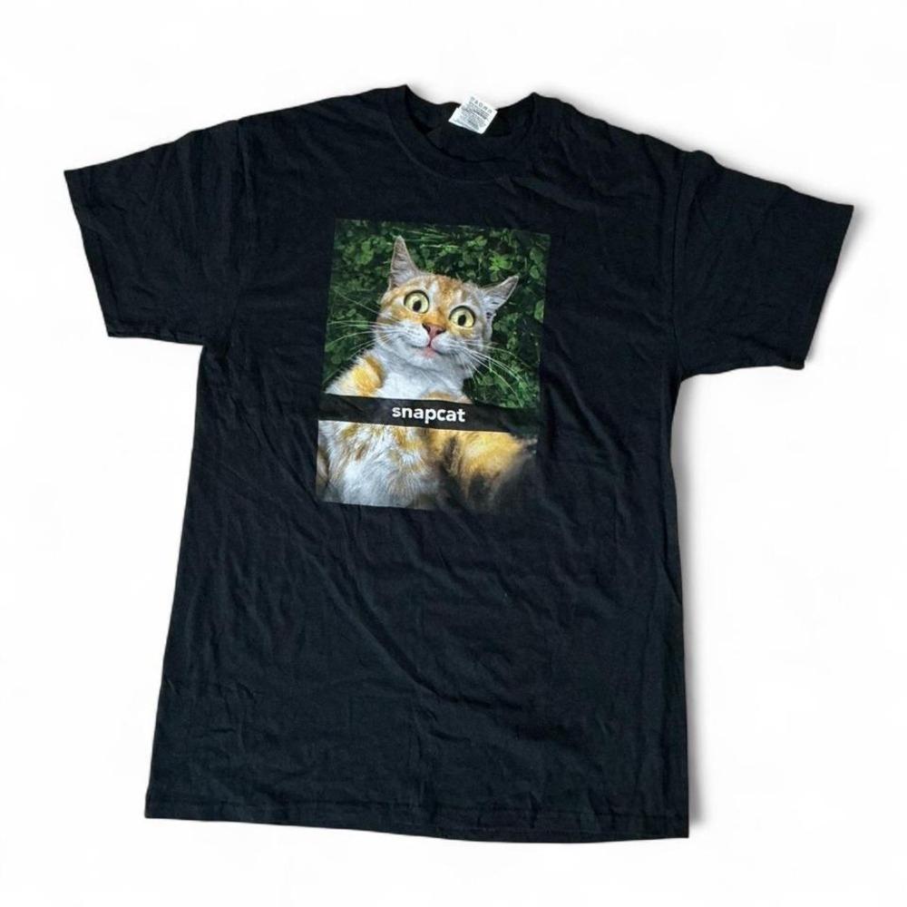 Snapcat Cat Meme Graphic Print Black Short Sleeve T-Shirt Cat Lady